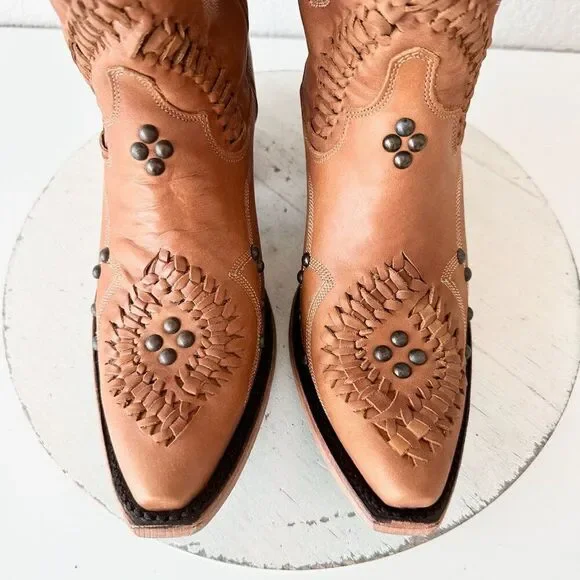 Wide calf friendly Tan Heeled Boots with Intricate Detailing - Picture 6 of 10